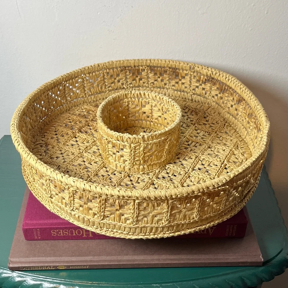 Vintage MCM‎ Woven Straw Chip and Dip Basket Serving Tray 1960's Retro Natural